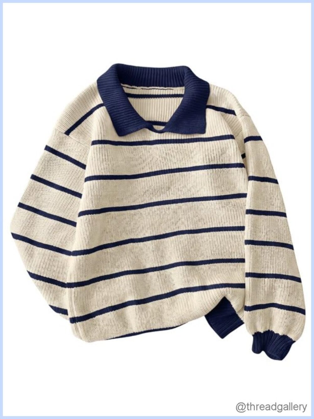 Oversized Collared Striped Knit Pullover Sweater Cotton Blend Fall